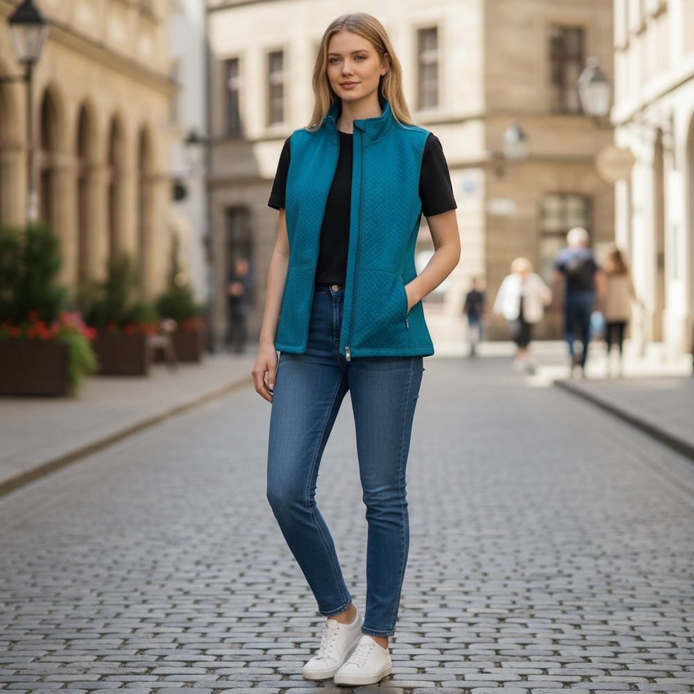 Laura Scott Quilted Vest Women Medium Blue Full Zip Mock Neck
